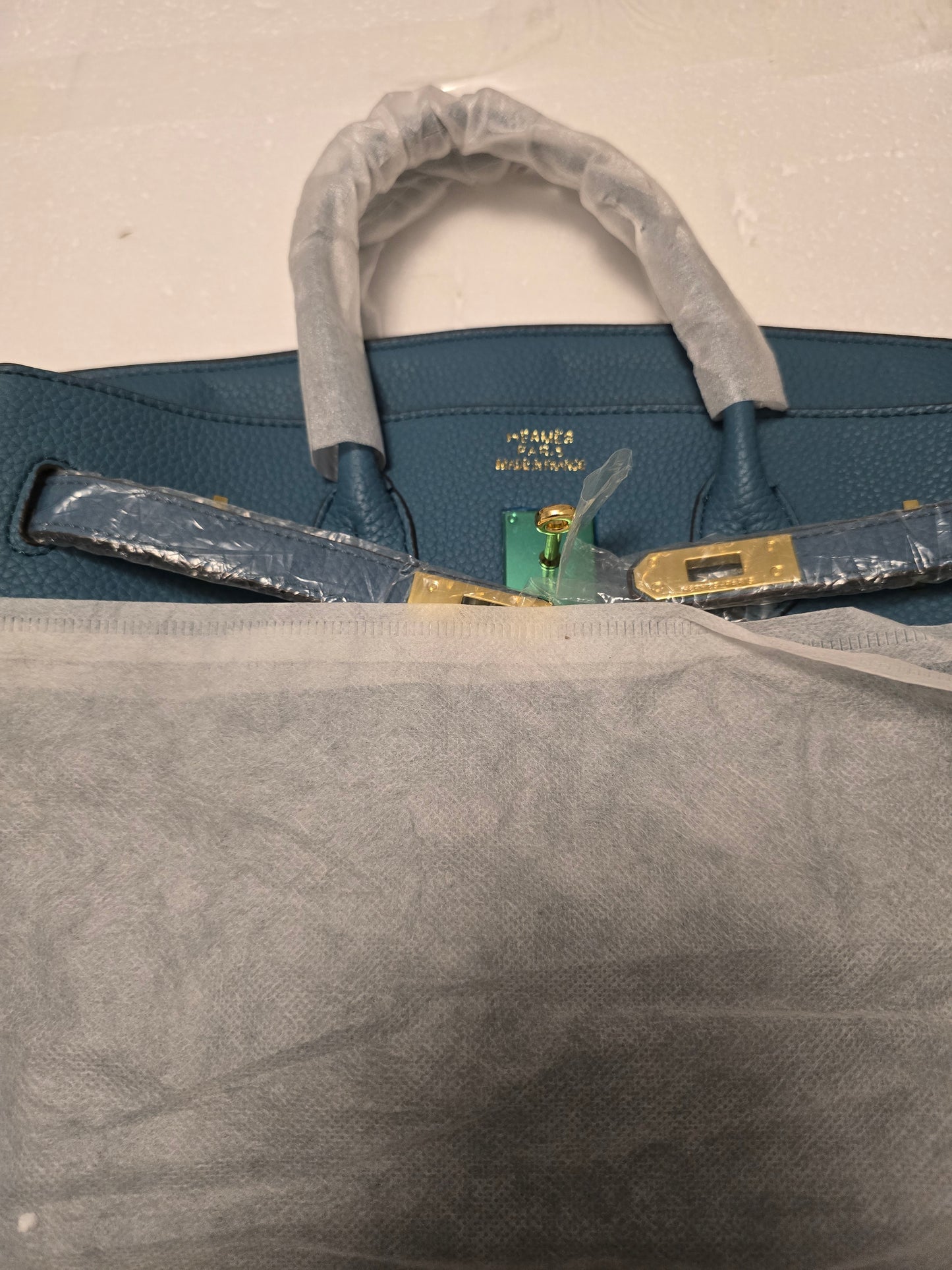 Hermes Blue Pebbled Top Handle Bag Gold Hardware Turn Lock Medium w/ charm250
