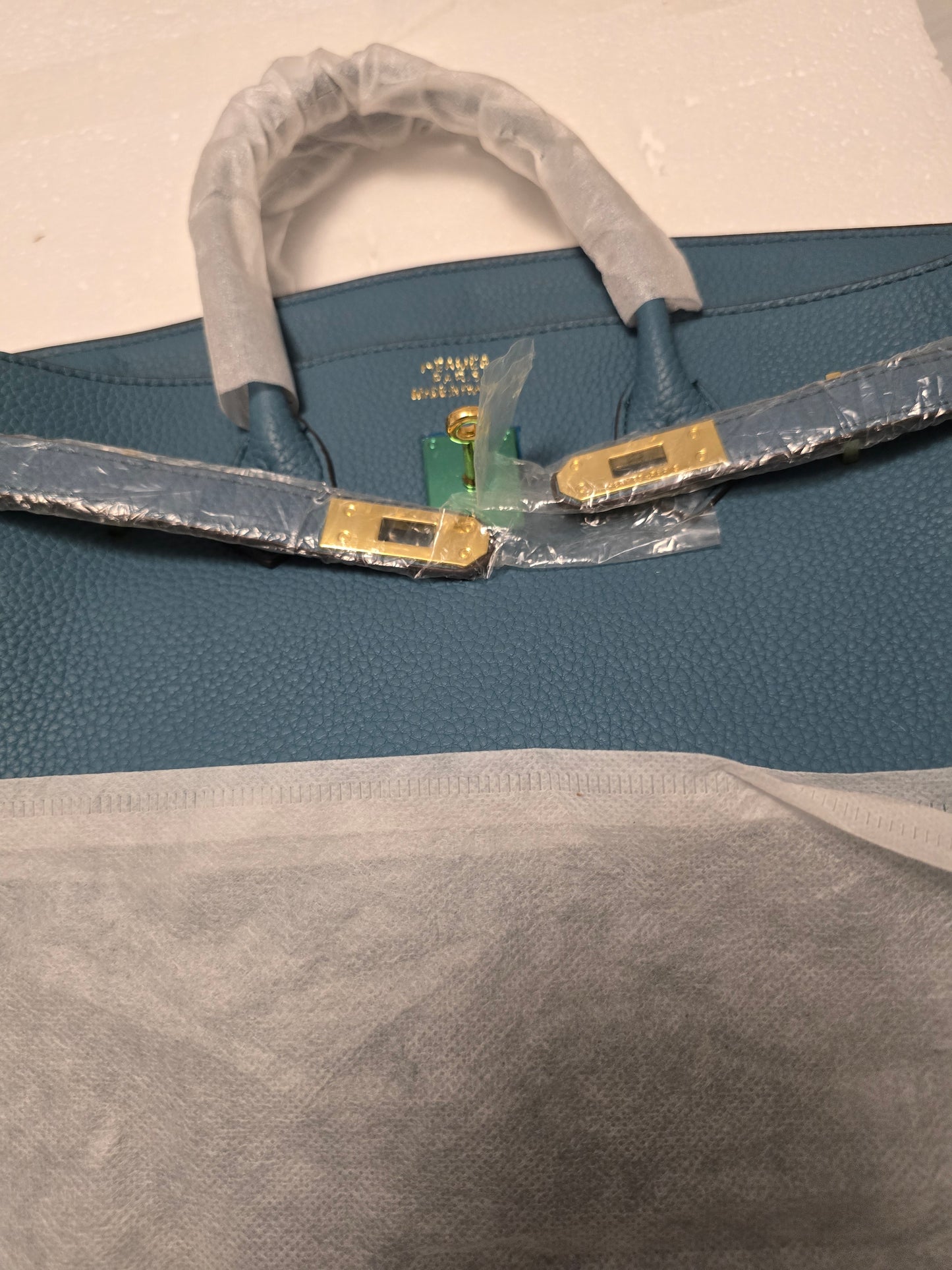 Hermes Blue Pebbled Top Handle Bag Gold Hardware Turn Lock Medium w/ charm250