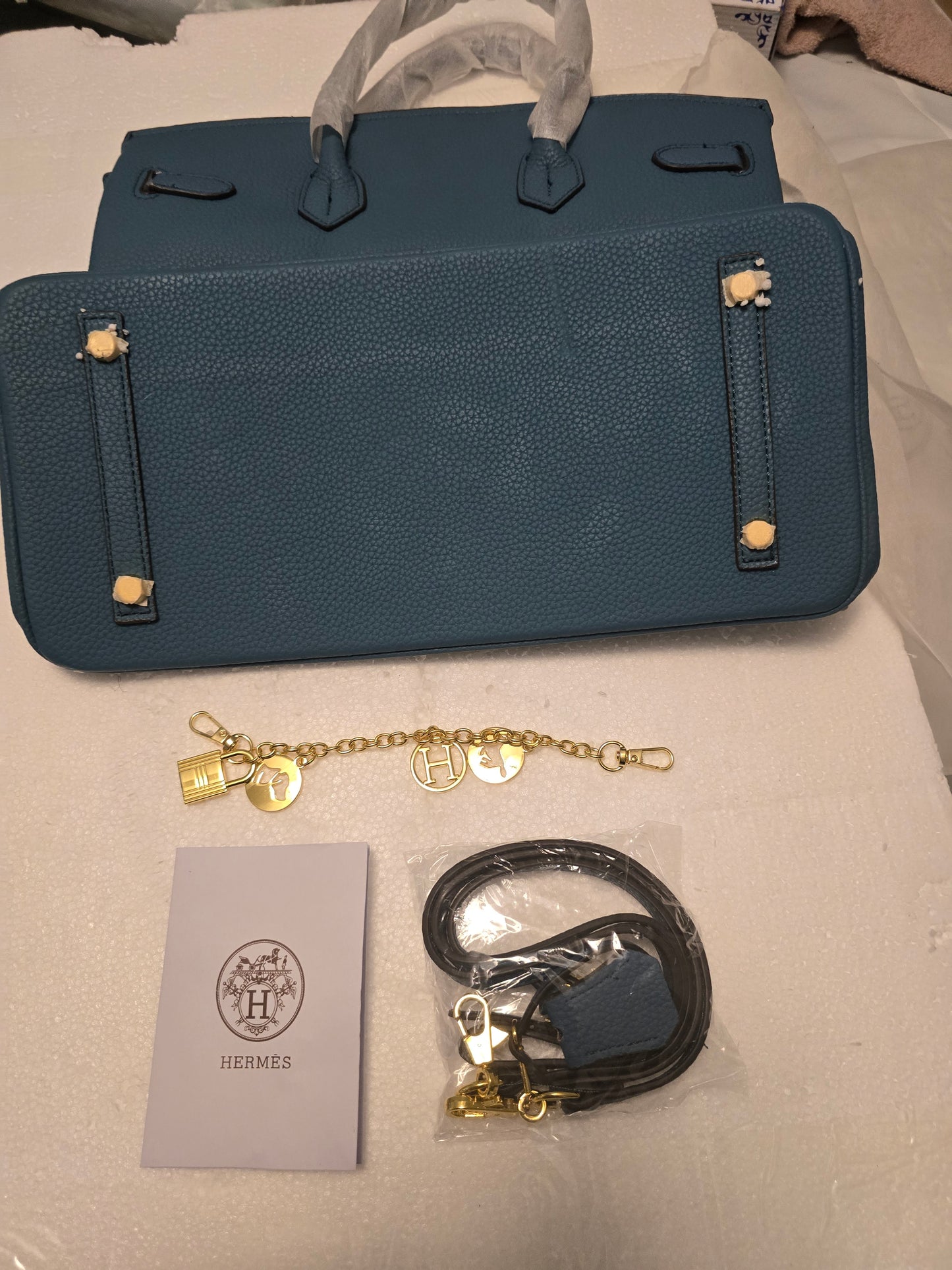 Hermes Blue Pebbled Top Handle Bag Gold Hardware Turn Lock Medium w/ charm250