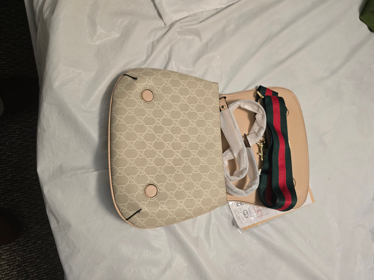 Gucci Beige GG Monogram Web Stripe Crossbody Gag Gold Hardware w/ Dust Bag