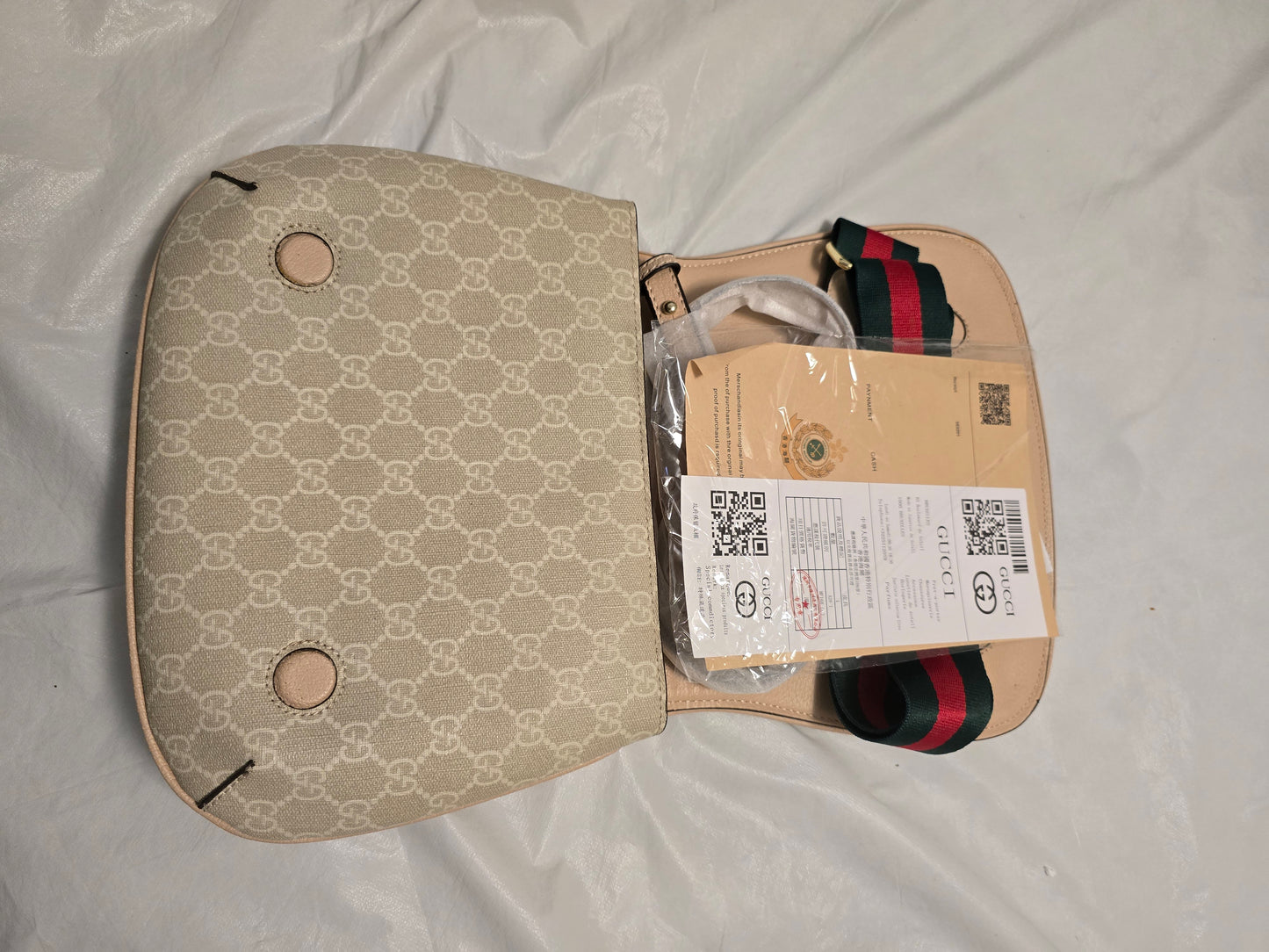 Gucci Beige GG Monogram Web Stripe Crossbody Gag Gold Hardware w/ Dust Bag